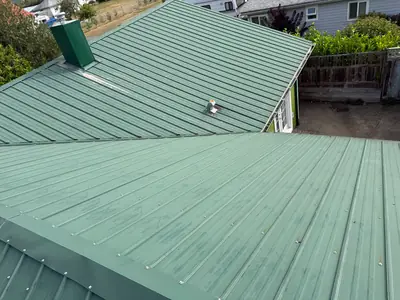 Green metal roof with exposed fasteners, a chimney encasement and intersecting slopes in Campbell River.